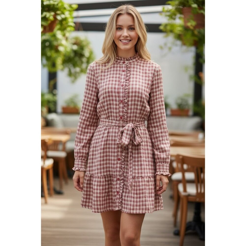 NEW Hem & Thread Womens M Plaid Shirtdress Ruffle Pink White Botton Long Sleeve - Picture 1 of 15